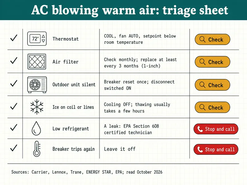 AC blowing warm air: triage sheet. Thermostat: COOL, fan AUTO, setpoint below room temperature (Check). Air filter: check monthly; replace at least every 3 months (1-inch) (Check). Outdoor unit silent: breaker reset once; disconnect switched ON (Check). Ice on coil or lines: cooling OFF; thawing usually takes a few hours (Check). Low refrigerant: a leak, EPA Section 608 certified technician (Stop and call). Breaker trips again: leave it off (Stop and call). Sources: Carrier, Lennox, Trane, ENERGY STAR, EPA; read October 2026.