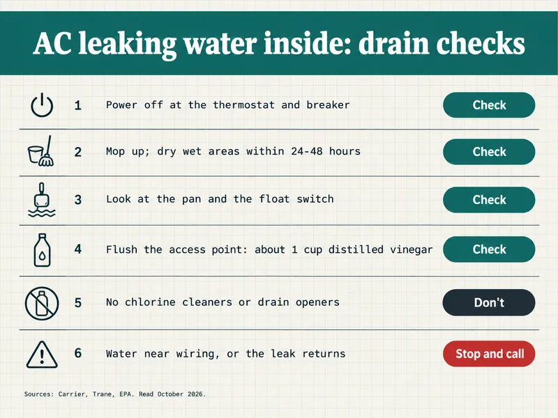 Chart titled AC leaking water inside: drain checks, with six numbered rows. 1, Power off at the thermostat and breaker, Check. 2, Mop up; dry wet areas within 24-48 hours, Check. 3, Look at the pan and the float switch, Check. 4, Flush the access point: about 1 cup distilled vinegar, Check. 5, No chlorine cleaners or drain openers, Don't. 6, Water near wiring, or the leak returns, Stop and call. Sources: Carrier, Trane, EPA, read October 2026.
