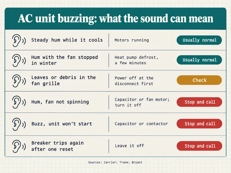 Clinic chart titled AC unit buzzing: what the sound can mean. Six rows. Steady hum while it cools, motors running: usually normal. Hum with the fan stopped in winter, heat pump defrost, a few minutes: usually normal. Leaves or debris in the fan grille, power off at the disconnect first: check. Hum, fan not spinning, capacitor or fan motor, turn it off: stop and call. Buzz, unit won't start, capacitor or contactor: stop and call. Breaker trips again after one reset, leave it off: stop and call. Source line: Carrier; Trane; Bryant.