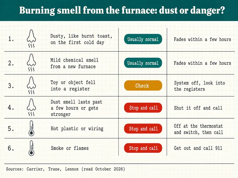 Clinic-chart infographic titled "Burning smell from the furnace: dust or danger?" with six rows: dusty, like burnt toast, on the first cold day, tagged usually normal, fades within a few hours; mild chemical smell from a new furnace, usually normal, fades within a few hours; toy or object fell into a register, check, system off, look into the registers; dust smell lasts past a few hours or gets stronger, stop and call, shut it off and call; hot plastic or wiring, stop and call, off at the thermostat and switch, then call; smoke or flames, stop and call, get out and call 911. Source line: Carrier, Trane, Lennox, read October 2026.