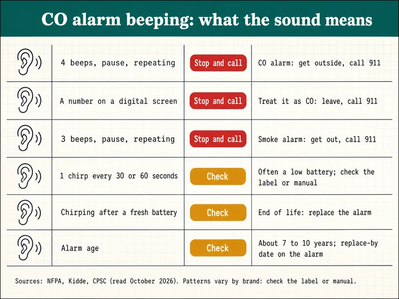 Clinic-chart infographic titled "CO alarm beeping: what the sound means" with six rows: 4 beeps, pause, repeating, stop and call, CO alarm, get outside, call 911; a number on a digital screen, stop and call, treat it as CO, leave, call 911; 3 beeps, pause, repeating, stop and call, smoke alarm, get out, call 911; 1 chirp every 30 or 60 seconds, check, often a low battery, check the label or manual; chirping after a fresh battery, check, end of life, replace the alarm; alarm age, check, about 7 to 10 years, replace-by date on the alarm. Source line: NFPA, Kidde, CPSC, read October 2026; patterns vary by brand, check the label or manual.