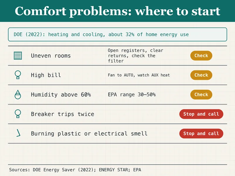 Triage sheet titled Comfort problems: where to start. Top note citing DOE (2022): heating and cooling make up about 32% of the energy a home uses. Rows: Uneven rooms, tagged Check, open registers, clear returns, check the filter; High bill, tagged Check, fan to AUTO, watch AUX heat; Humidity above 60%, tagged Check, EPA range 30–50%; Breaker trips twice, tagged Stop and call; Burning plastic or electrical smell, tagged Stop and call. Source line: DOE Energy Saver (2022); ENERGY STAR; EPA.