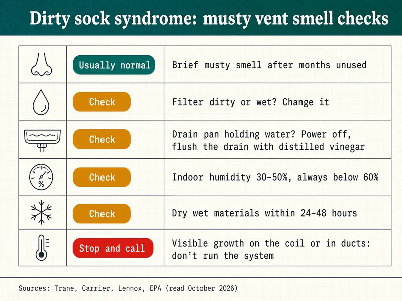 Clinic-chart infographic titled "Dirty sock syndrome: musty vent smell checks" with six rows: usually normal, brief musty smell after months unused; check, filter dirty or wet, change it; check, drain pan holding water, power off, flush the drain with distilled vinegar; check, indoor humidity 30-50%, always below 60%; check, dry wet materials within 24-48 hours; stop and call, visible growth on the coil or in ducts, don't run the system. Source line: Trane, Carrier, Lennox, EPA, read October 2026.