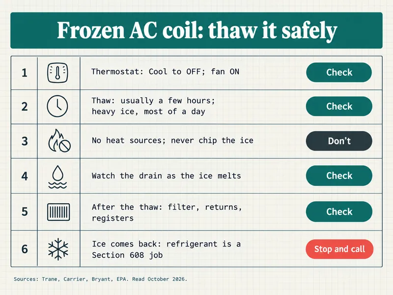 Chart titled Frozen AC coil: thaw it safely, with six numbered rows. 1, Thermostat: Cool to OFF; fan ON, Check. 2, Thaw: usually a few hours; heavy ice, most of a day, Check. 3, No heat sources; never chip the ice, Don't. 4, Watch the drain as the ice melts, Check. 5, After the thaw: filter, returns, registers, Check. 6, Ice comes back: refrigerant is a Section 608 job, Stop and call. Sources: Trane, Carrier, Bryant, EPA, read October 2026.