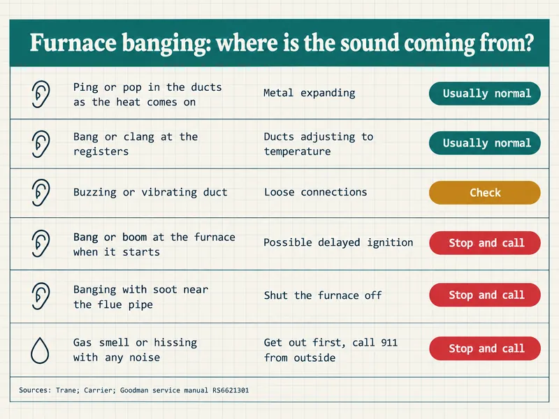 Clinic chart titled Furnace banging: where is the sound coming from? Six rows. Ping or pop in the ducts as the heat comes on, metal expanding: usually normal. Bang or clang at the registers, ducts adjusting to temperature: usually normal. Buzzing or vibrating duct, loose connections: check. Bang or boom at the furnace when it starts, possible delayed ignition: stop and call. Banging with soot near the flue pipe, shut the furnace off: stop and call. Gas smell or hissing with any noise, get out first, call 911 from outside: stop and call. Sources: Trane; Carrier; Goodman service manual RS6621301.