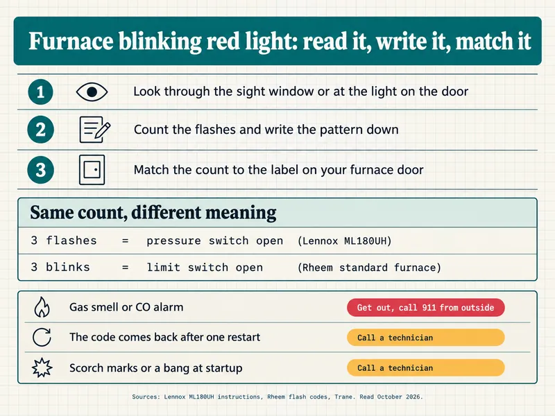 Clinic chart titled Furnace blinking red light: read it, write it, match it. Three steps: 1 look through the sight window or at the light on the door; 2 count the flashes and write the pattern down; 3 match the count to the label on your furnace door. A panel titled Same count, different meaning shows 3 flashes = pressure switch open (Lennox ML180UH) and 3 blinks = limit switch open (Rheem standard furnace). Bottom rows: gas smell or CO alarm, tagged Get out, call 911 from outside; the code comes back after one restart, tagged Call a technician; scorch marks or a bang at startup, tagged Call a technician. Sources: Lennox ML180UH instructions, Rheem flash codes, Trane, read October 2026.