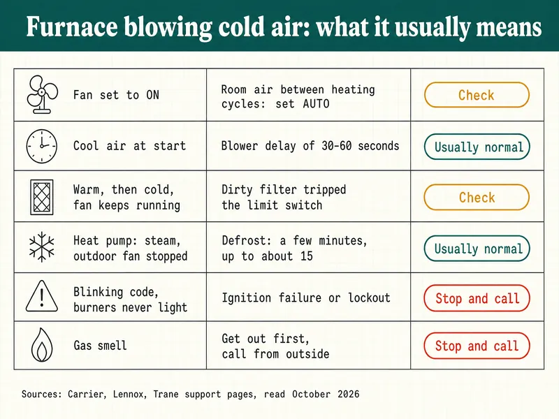 Furnace blowing cold air: what it usually means. Fan set to ON: room air between heating cycles, set AUTO (Check). Cool air at start: blower delay of 30-60 seconds (Usually normal). Warm, then cold, fan keeps running: dirty filter tripped the limit switch (Check). Heat pump, steam, outdoor fan stopped (Usually normal): the defrost cycle, which runs a few minutes and up to about 15. Blinking code, burners never light: ignition failure or lockout (Stop and call). Gas smell: get out first, call from outside (Stop and call). Credited to Carrier, Lennox and Trane support pages, read October 2026.