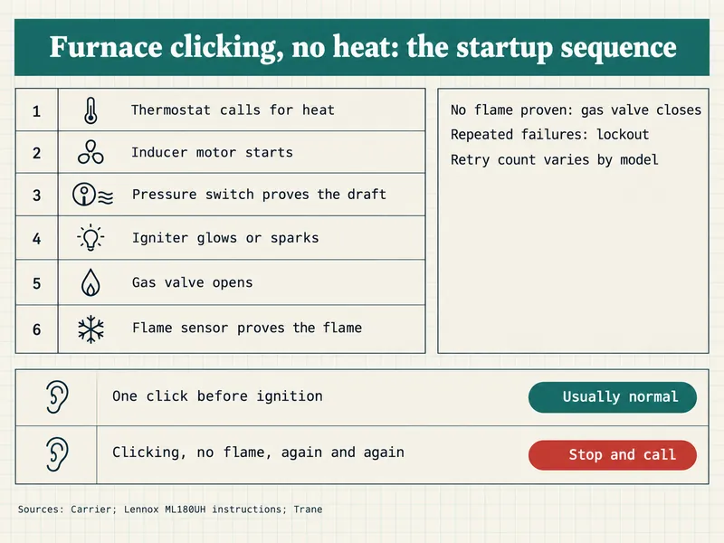 Clinic chart titled Furnace clicking, no heat: the startup sequence. Six steps: 1 thermostat calls for heat; 2 inducer motor starts; 3 pressure switch proves the draft; 4 igniter glows or sparks; 5 gas valve opens; 6 flame sensor proves the flame. Side box: no flame proven, gas valve closes; repeated failures, lockout; retry count varies by model. One click before ignition: usually normal. Clicking, no flame, again and again: stop and call. Sources: Carrier; Lennox ML180UH instructions; Trane.