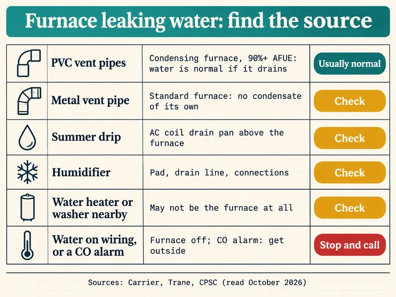 Chart titled Furnace leaking water: find the source, with six rows. PVC vent pipes: condensing furnace, 90%+ AFUE, water is normal if it drains, Usually normal. Metal vent pipe: standard furnace, no condensate of its own, Check. Summer drip: AC coil drain pan above the furnace, Check. Humidifier: pad, drain line, connections, Check. Water heater or washer nearby: may not be the furnace at all, Check. Water on wiring, or a CO alarm: furnace off; CO alarm, get outside, Stop and call. Sources: Carrier, Trane, CPSC, read October 2026.
