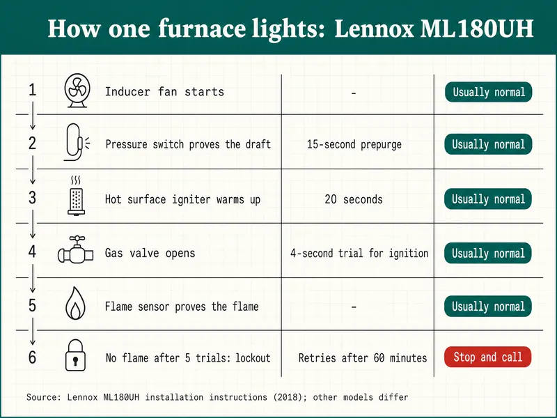 How one furnace lights, from the Lennox ML180UH installation instructions (2018); other models differ. 1 Inducer fan starts. 2 Pressure switch proves the draft, 15-second prepurge. 3 Hot surface igniter warms up, 20 seconds. 4 Gas valve opens, 4-second trial for ignition. 5 Flame sensor proves the flame. Steps 1 to 5 tagged Usually normal. 6 No flame after 5 trials: lockout, retries after 60 minutes, tagged Stop and call.