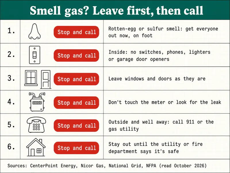 Clinic-chart infographic titled "Smell gas? Leave first, then call" with six numbered rows, each tagged with a red "Stop and call" pill: 1, rotten-egg or sulfur smell, get everyone out now, on foot; 2, inside, no switches, phones, lighters or garage door openers; 3, leave windows and doors as they are; 4, don't touch the meter or look for the leak; 5, outside and well away, call 911 or the gas utility; 6, stay out until the utility or fire department says it is safe. Source line: CenterPoint Energy, Nicor Gas, National Grid, NFPA, read October 2026.
