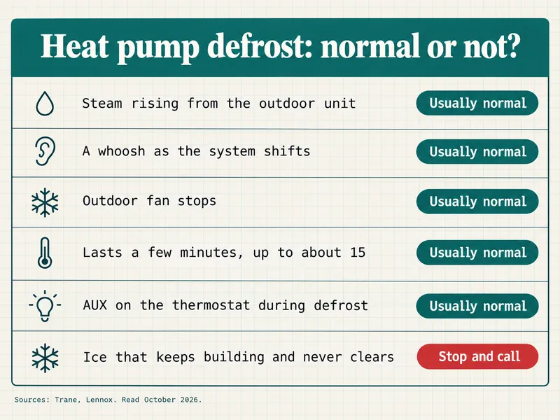 Clinic chart titled Heat pump defrost: normal or not? Five rows tagged Usually normal: steam rising from the outdoor unit; a whoosh as the system shifts; outdoor fan stops; lasts a few minutes, up to about 15; AUX on the thermostat during defrost. One row tagged Stop and call: ice that keeps building and never clears. Sources: Trane, Lennox, read October 2026.