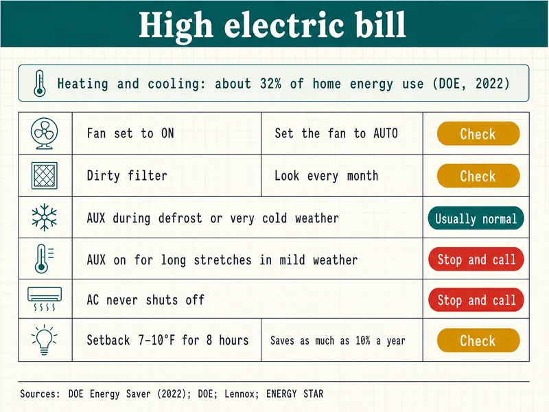 Triage sheet titled High electric bill. Highlighted line under the title: Heating and cooling: about 32% of home energy use (DOE, 2022). Rows: Fan set to ON, tagged Check, set the fan to AUTO; Dirty filter, tagged Check, look every month; AUX during defrost or very cold weather, tagged Usually normal; AUX on for long stretches in mild weather, tagged Stop and call; AC never shuts off, tagged Stop and call; Setback 7–10°F for 8 hours, saves as much as 10% a year, tagged Check. Source line: DOE Energy Saver (2022); DOE; Lennox; ENERGY STAR.