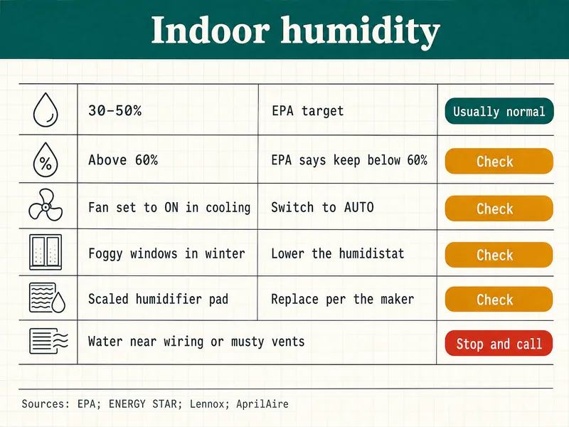 Triage sheet titled Indoor humidity. Rows: 30–50%, tagged Usually normal, EPA target; Above 60%, tagged Check, EPA says keep below 60%; Fan set to ON in cooling, tagged Check, switch to AUTO; Foggy windows in winter, tagged Check, lower the humidistat; Scaled humidifier pad, tagged Check, replace per the maker; Water near wiring or musty vents, tagged Stop and call. Source line: EPA; ENERGY STAR; Lennox; AprilAire.