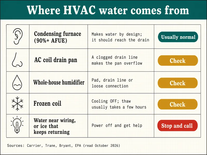 Chart titled Where HVAC water comes from, with five rows. Condensing furnace, 90%+ AFUE: makes water by design; it should reach the drain, Usually normal. AC coil drain pan: a clogged drain line makes the pan overflow, Check. Whole-house humidifier: pad, drain line or loose connection, Check. Frozen coil: cooling OFF; thaw usually takes a few hours, Check. Water near wiring, or ice that keeps returning: power off and get help, Stop and call. Sources: Carrier, Trane, Bryant, EPA, read October 2026.