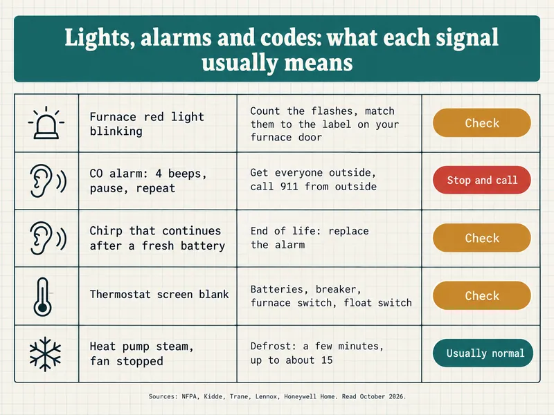 Clinic chart titled Lights, alarms and codes: what each signal usually means. Furnace red light blinking: count the flashes, match them to the label on your furnace door, tagged Check. CO alarm 4 beeps, pause, repeat: get everyone outside, call 911 from outside, tagged Stop and call. Chirp that continues after a fresh battery: end of life, replace the alarm, tagged Check. Thermostat screen blank: batteries, breaker, furnace switch, float switch, tagged Check. Heat pump steam with the fan stopped: a defrost cycle of a few minutes, up to about 15, tagged Usually normal. Sources: NFPA, Kidde, Trane, Lennox, Honeywell Home, read October 2026.