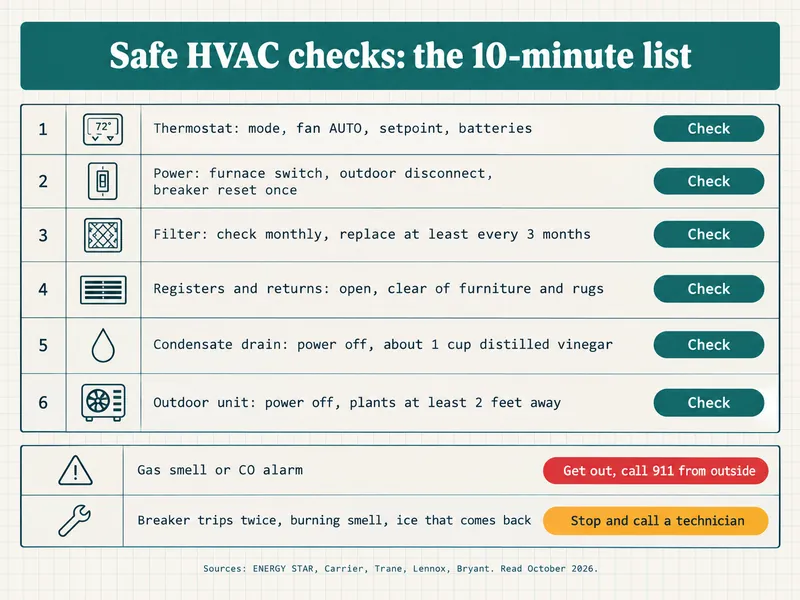 Checklist titled Safe HVAC checks: the 10-minute list, with six numbered rows tagged Check: 1 thermostat: mode, fan AUTO, setpoint, batteries; 2 power: furnace switch, outdoor disconnect, breaker reset once; 3 filter: check monthly, replace at least every 3 months; 4 registers and returns: open, clear of furniture and rugs; 5 condensate drain: power off, about 1 cup distilled vinegar; 6 outdoor unit: power off, plants at least 2 feet away. Two boxed rows: gas smell or CO alarm, tagged Get out, call 911 from outside; breaker trips twice, burning smell, ice that comes back, tagged Stop and call a technician. Sources: ENERGY STAR, Carrier, Trane, Lennox, Bryant, read October 2026.