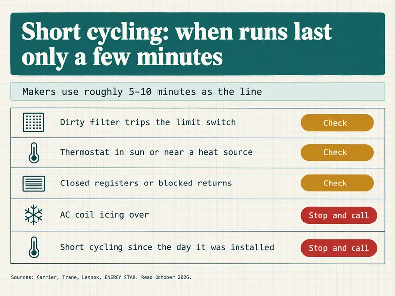 Clinic chart titled Short cycling: when runs last only a few minutes, noting that makers use roughly 5-10 minutes as the line. Three rows tagged Check: dirty filter trips the limit switch; thermostat in sun or near a heat source; closed registers or blocked returns. Two rows tagged Stop and call: AC coil icing over; short cycling since the day it was installed. Sources: Carrier, Trane, Lennox, ENERGY STAR, read October 2026.