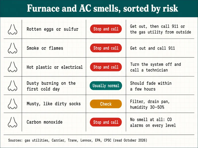 Clinic-chart infographic titled "Furnace and AC smells, sorted by risk" with six rows: rotten eggs or sulfur, stop and call, get out, then call 911 or the gas utility from outside; smoke or flames: get out and call 911 (stop and call); hot plastic or electrical, stop and call, turn the system off and call a technician; dusty burning on the first cold day, usually normal, should fade within a few hours; musty, like dirty socks, check, filter, drain pan, humidity 30-50%; carbon monoxide, stop and call, no smell at all, CO alarms on every level. Source line: gas utilities, Carrier, Trane, Lennox, EPA, CPSC, read October 2026.