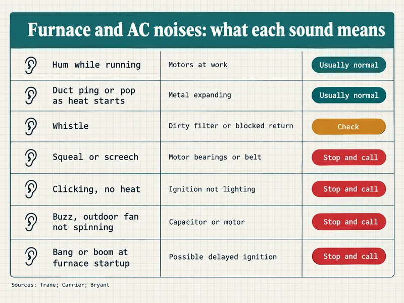 Clinic chart titled Furnace and AC noises: what each sound means. Seven rows. Hum while running, motors at work: usually normal. Duct ping or pop as heat starts, metal expanding: usually normal. Whistle, dirty filter or blocked return: check. Squeal or screech, motor bearings or belt: stop and call. Clicking, no heat, ignition not lighting: stop and call. Buzz, outdoor fan not spinning, capacitor or motor: stop and call. Bang or boom at furnace startup, possible delayed ignition: stop and call. Sources: Trane; Carrier; Bryant.