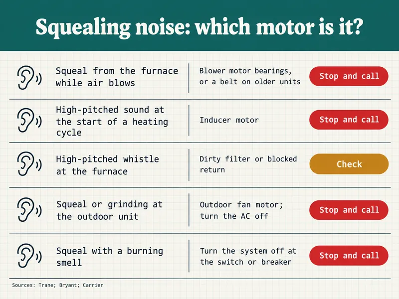 Clinic chart titled Squealing noise: which motor is it? Five rows. Squeal from the furnace while air blows, blower motor bearings or a belt on older units: stop and call. High-pitched sound at the start of a heating cycle, inducer motor: stop and call. High-pitched whistle at the furnace, dirty filter or blocked return: check. Squeal or grinding at the outdoor unit, outdoor fan motor, turn the AC off: stop and call. Squeal with a burning smell, turn the system off at the switch or breaker: stop and call. Sources: Trane; Bryant; Carrier.