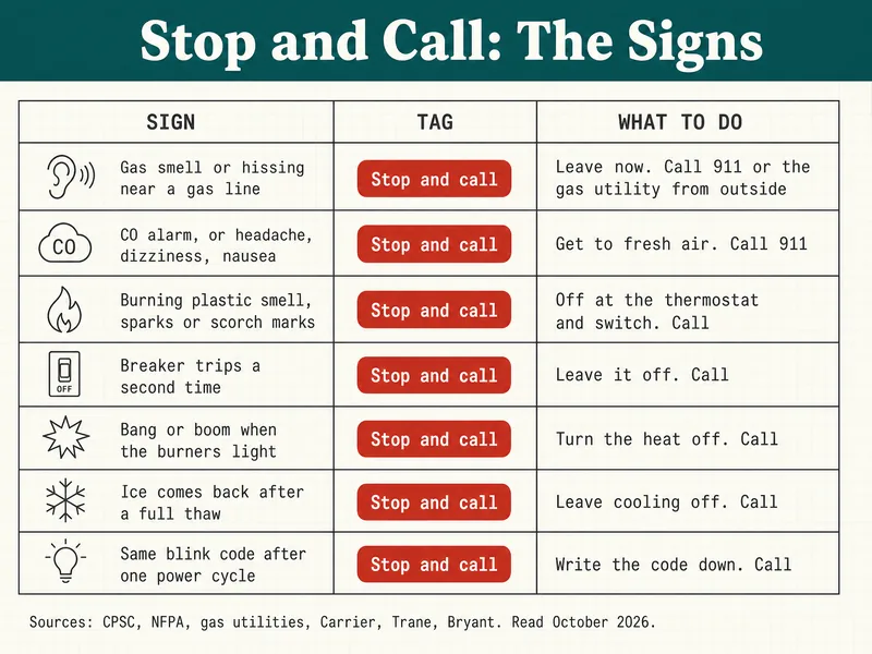 Triage sheet titled Stop and Call: The Signs, every row tagged stop and call: gas smell or hissing near a gas line, leave now, then phone 911 or the gas utility once outdoors; CO alarm, or headache, dizziness, nausea, get to fresh air, call 911; burning plastic smell, sparks or scorch marks, off at the thermostat and switch, call; breaker trips a second time, leave it off, call; bang or boom when the burners light, turn the heat off, call; ice comes back after a full thaw, leave cooling off, call; same blink code after one power cycle, write the code down, call. Sources: CPSC, NFPA, gas utilities, Carrier, Trane, Bryant, read October 2026