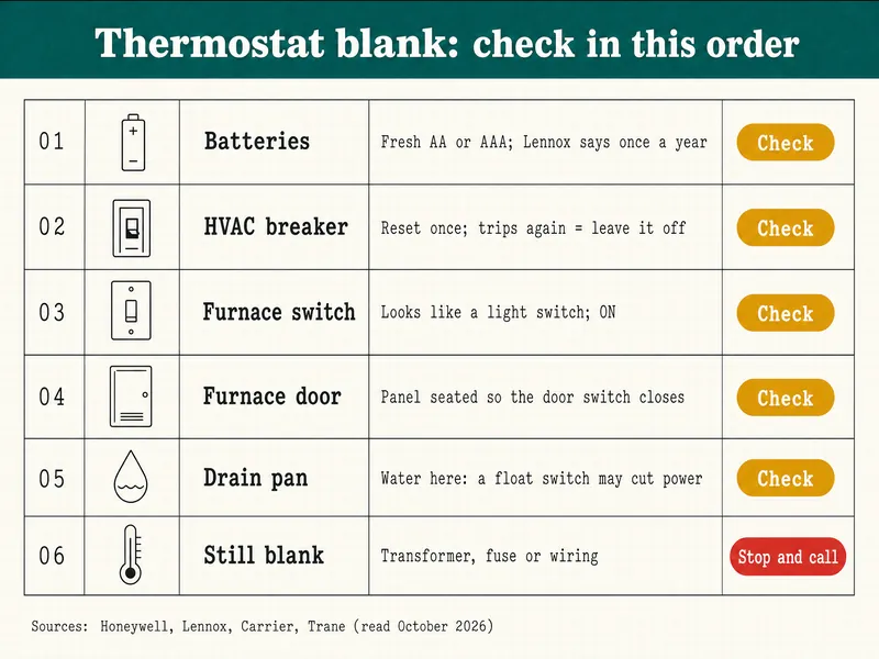 Chart titled Thermostat blank: check in this order, with six numbered rows. 1, Batteries: fresh AA or AAA; Lennox says once a year, Check. 2, HVAC breaker: reset once; trips again = leave it off, Check. 3, Furnace switch: looks like a light switch; ON, Check. 4, Furnace door: panel seated so the door switch closes, Check. 5, Drain pan: water here, a float switch may cut power, Check. 6, Still blank: transformer, fuse or wiring, Stop and call. Sources: Honeywell, Lennox, Carrier, Trane, read October 2026.