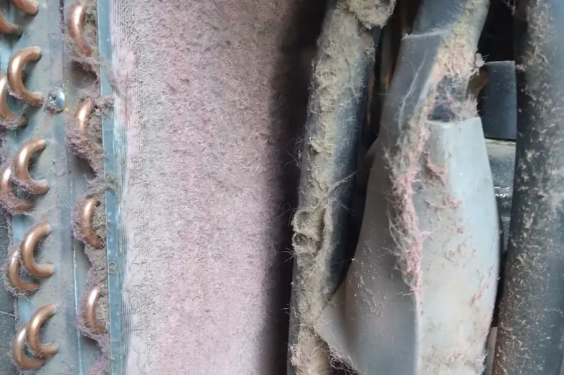 Grime and gray dust packed between the fins of an evaporator coil, with copper tube bends along one edge